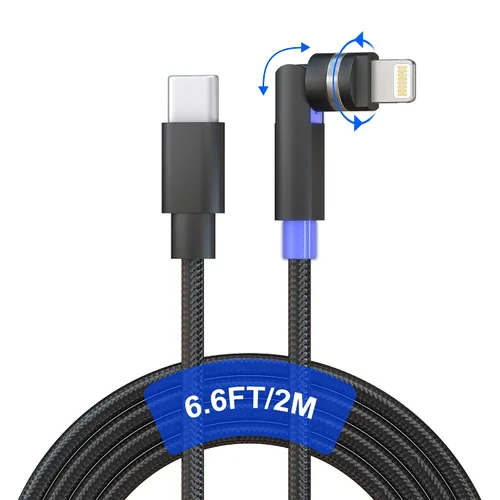 Vista 8 de Cable Lightning de 90 grados con cabezal giratorio de 360 grados de 6.6 pies [carga rápida y datos MFi y 2.4A] Cable de carga de nailon trenzado