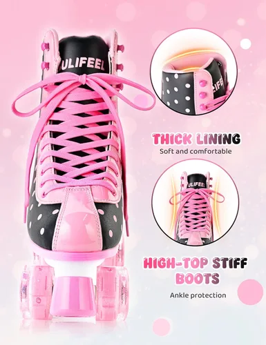Vista 2 de SULIFEEL Patines de ruedas para niñas y mujeres con ruedas iluminadas y patrón de lunares, patines para niños y adultos para uso en interiores y al