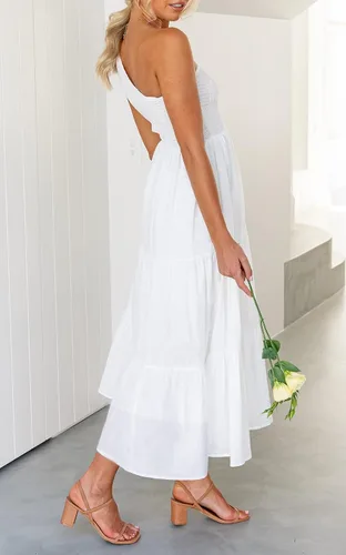 Vista 3 de ZCSIA - Vestido de verano bohemio para mujer, con un hombro descubierto, sin mangas, unicolor, largo debajo de la rodilla y con holanes escalonados