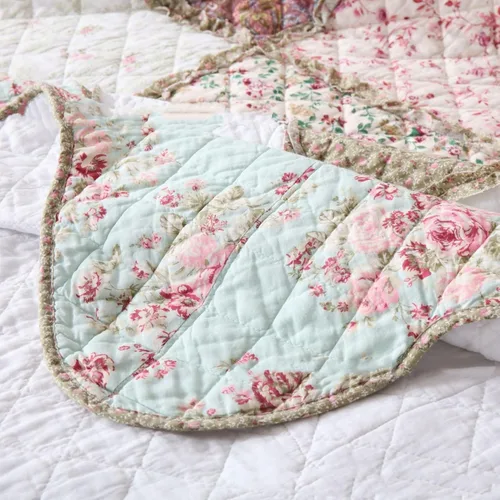 Vista 7 de ABREEZE Juego de edredón acolchado de algodón con diseño de retazos florales y rosas azules, juego de colcha rústica de 3 piezas