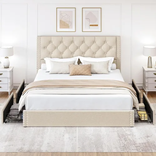 Vista 7 de LARMACE Base de cama tamaño matrimonial con 4 cajones de almacenamiento y cabecera copetada, base de cama tapizada en lino con listones de madera