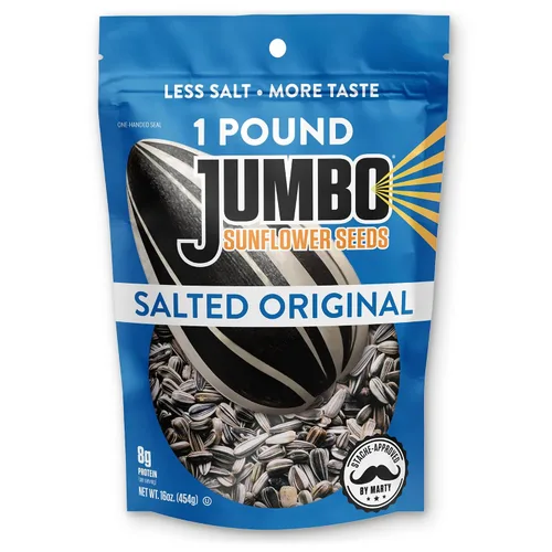 Vista 6 de JUMBO Sunflower Seeds to Eat, Mega Sin Sal, Bolsas de 5.5 oz (paquete de 12) – Semillas sin sal tostadas en la cáscara, aperitivo bajo en sodio