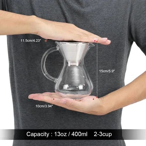 Vista 7 de Hakeeta Cafetera de 13.5 fl oz, cafetera de vidrio para verter con filtro permanente de acero inoxidable. Cafetera manual de gotero de café