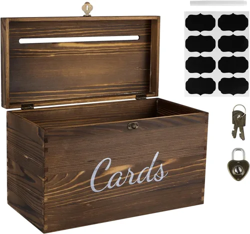 Vista 2 de MDLUU Caja de madera para tarjetas de boda, caja rústica para dinero de boda con cerradura, soporte para sobre, caja de recepción de tarjetas