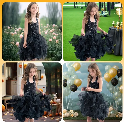 Vista 4 de Vestido tutú para niñas con capas de organza y sauces, traje de cumpleaños, vestido de fiesta de tul con lentejuelas para Pascua, cumpleaños