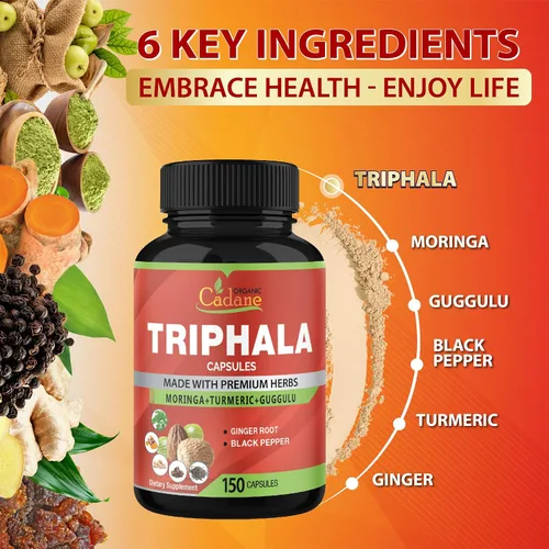 Vista 5 de Organic Cadane Cápsulas de extracto de Triphala, suministro de 5 meses con cúrcuma, guggulu, jengibre, pimienta negra, moringa - Apoya la digestión