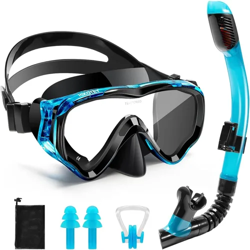 Vista 24 de Juego de esnórquel para niños, juego de máscara de esnórquel seca completa para adultos, protección antivaho, unisex, vista panorámica HD