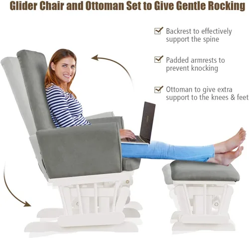 Vista 4 de Costzon Juego de cojín mecedor y otomano para bebé, muebles de madera para bebé, para siestas, lactancia, lectura, deslizador tapizado y silla Gris
