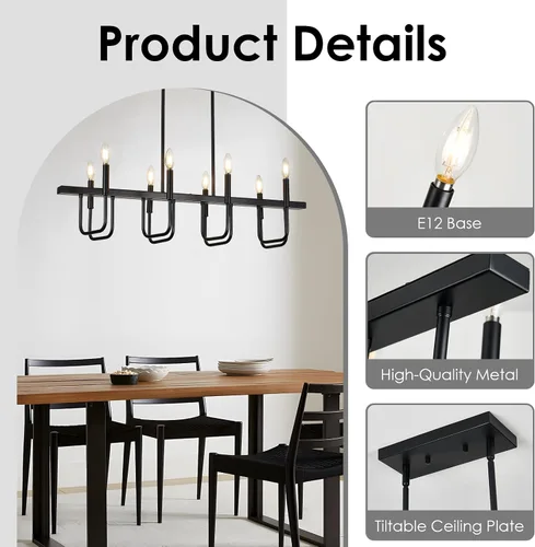 Vista 9 de Lámparas rectangulares para comedor sobre la mesa, candelabros modernos de estilo granja para comedor, candelabro lineal negro de 8 luces, luces