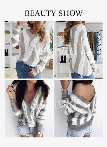Vista 3 de Asvivid - Suéter de punto y manga larga para mujer, diseño con cuello en V, a rayas y bloques de color, sin botones