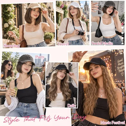 Vista 7 de S-noilite Gorra de béisbol de 6 pulgadas con peluca corta de peinado Bob