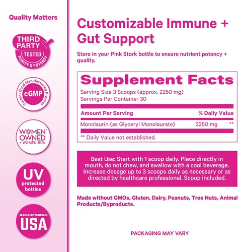 Vista 6 de Pink Stork Suplemento total de monolaurina para la salud intestinal, náuseas matutinas, apoyo inmunológico y salud vaginal para mujeres, bienestar