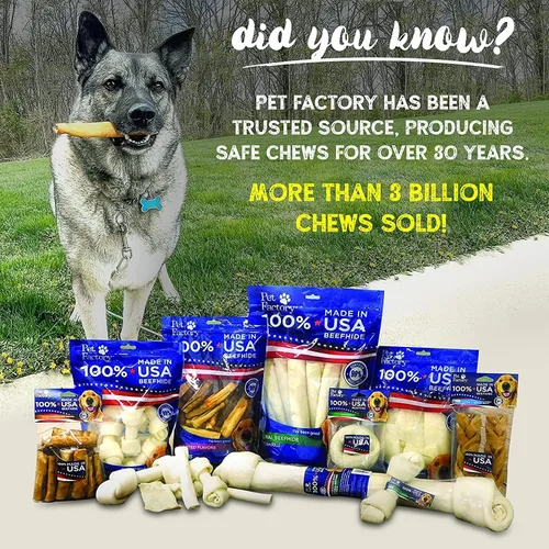 Vista 4 de Pet Factory Golosinas masticables para perros, 100% fabricadas en Estados Unidos, huesos anudados de 4 pulgadas, sabor a pollo, 18 unidades/1 paquete
