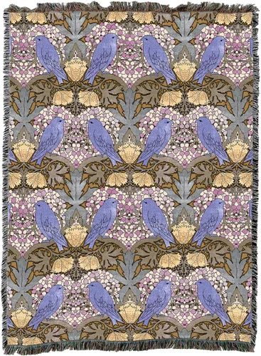 Vista 22 de Pure Country Weavers C.F.A. Voysey - Manta azul con diseño de pájaros y bayas, para manualidades y manualidades, manta tejida de algodón, fabricada