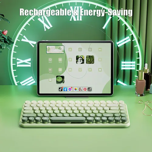 Vista 5 de Teclado de máquina de escribir inalámbrico de 2.4 GHz/Bluetooth/USB-C con cable de membrana recargable para juegos, interruptor de sensación