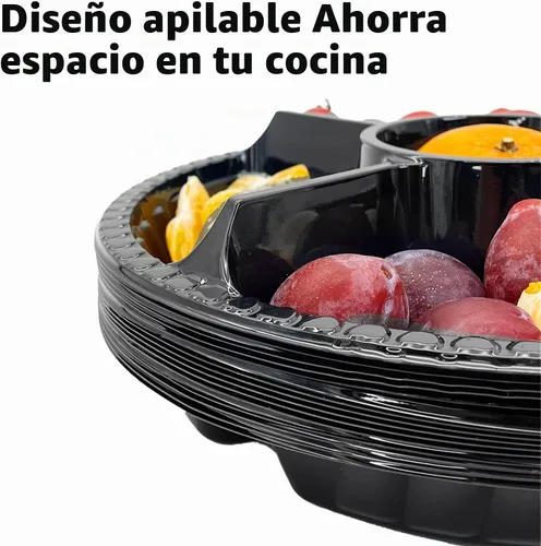 Vista 6 de 12 bandejas de frutas desechables redondas de plástico para con tapa, 5 compartimentos, platos de fiesta, recipientes divididos para aperitivos