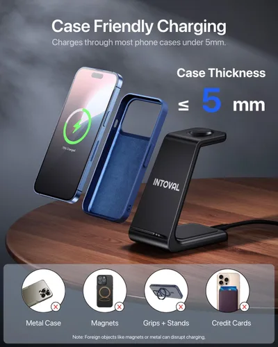 Vista 7 de Intoval Estación de carga inalámbrica 3 en 1 para iPhone y Apple Watch, soporte de cargador inalámbrico rápido, base de carga de escritorio compacta