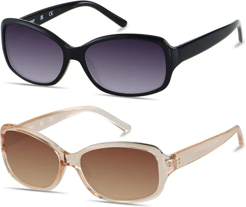 Vista 2 de LYZOIT Gafas de sol cuadradas para mujer, clásicas, vintage, protección UV, marco Havana, paquete de 2 sombras, S