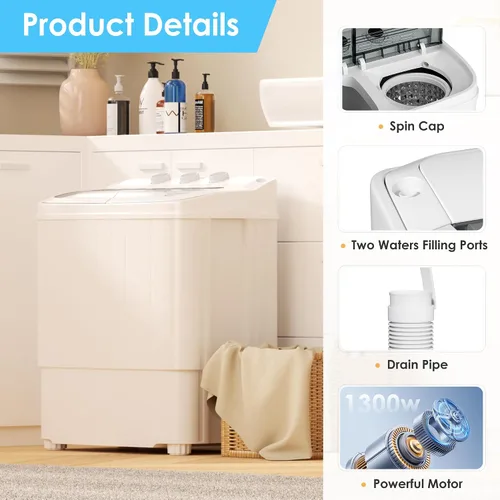 Vista 7 de Lavadora portátil, lavadora portátil de 18 libras con ciclo de centrifugado y secadora, lavadora semiautomática combinada para dormitorios