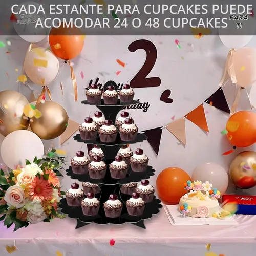 Vista 4 de Soporte redondo negro para cupcakes de 4 niveles, paquete de 2, elegante exhibición de postres para bodas, fiestas, cumpleaños