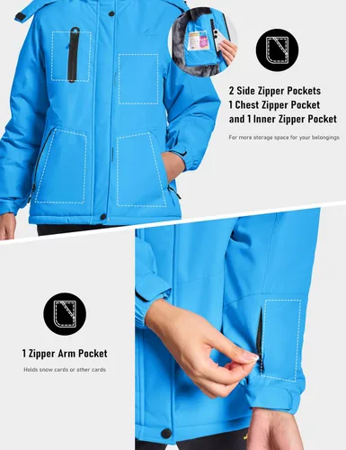 Vista 4 de MAGCOMSEN Abrigos de invierno para mujer, impermeables, aislados, para nieve, esquí, capucha, forro polar, cálido, montaña, snowboard, cortavientos