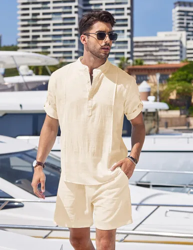 Vista 2 de COOFANDY Conjunto de 2 piezas de lino para hombre, camisa Henley de manga corta y pantalones cortos para verano, playa, yoga, trajes a juego