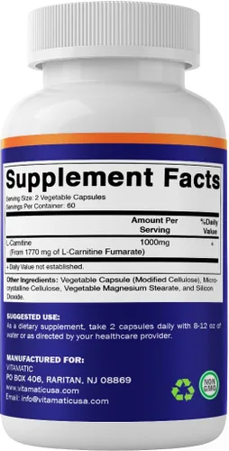 Vista 8 de Vitamatic L-Carnitina Fumarato 1000 mg - 120 Cápsulas Vegetales (1 Botella)