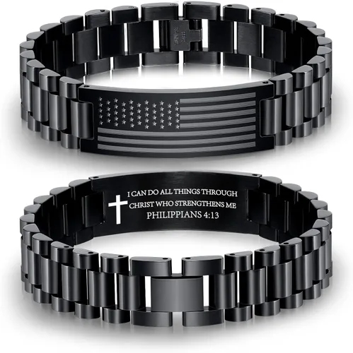 Vista 20 de P. BLAKE Pulsera con versículo bíblico de la bandera estadounidense para hombres, pulsera de acero inoxidable grabada de las Escrituras, religiosa