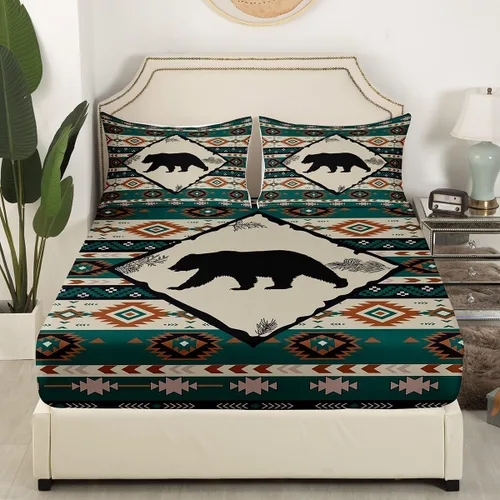 Vista 3 de Erosebridal Juego de sábanas rústicas de oso para cabaña, cabaña, cabaña, suroeste, tamaño individual, sábanas tribales geométricas aztecas, sábana
