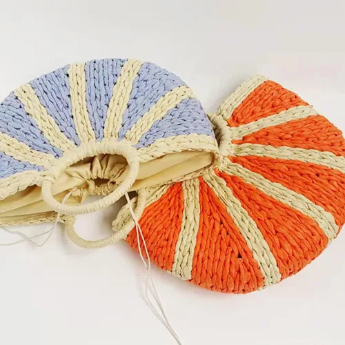 Vista 6 de Bolsos de paja de ratán semicírculo, tejido a mano para mujer, bolso de asas retro de paja de verano, bolso cruzado colorido, bolso bohemio