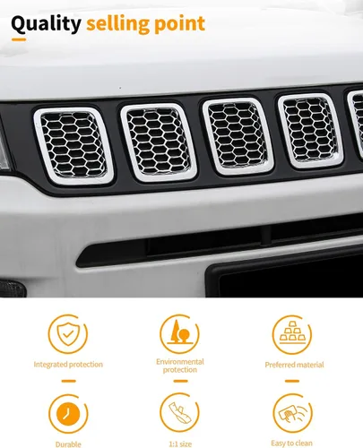 Vista 5 de Hoolcar 7 piezas de insertos de parrilla delantera con malla para accesorios exteriores Jeep Compass 2017-2020, cromo