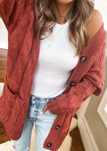 Vista 6 de PRETTYGARDEN Womens Open Front Cardigan Fashion Button Down Cable Knit Chunky Outwear Coats