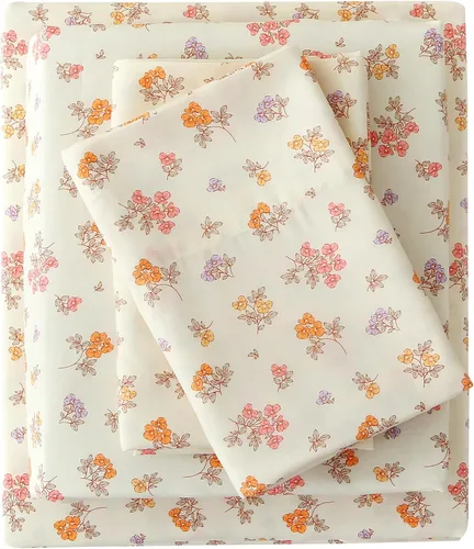 Vista 10 de Viviland Juego de sábanas tamaño matrimonial con estampado botánico de mariposas y flores rosadas y moradas, 4 piezas, sábanas de microfibra suave