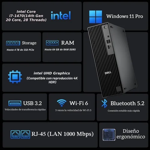 Vista 2 de Dell Escritorio empresarial Pro Slim QCS1250, nueva versión OptiPlex, Intel Core i7-14700 (20 núcleos, 28 hilos), 32 GB DDR5 RAM, 1 TB PCIe SSD