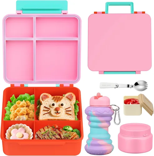 Vista 13 de Lonchera para niños con lonchera Bento con tarro de comida de 9 onzas, color negro Contenedor de almuerzo escolar a prueba de fugas de 4 azul