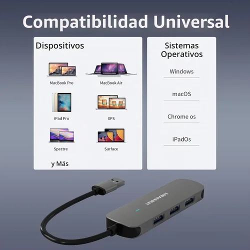 Vista 5 de Hub USB 4 puertos, adaptador portátil con divisor USB A 3.0 múltiple 2.0 para laptop, mini extensor USB Plug and Play para PC, unidad flash, disco