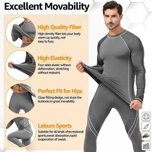 Vista 5 de UNIQUEBELLA Conjunto de ropa interior térmica para hombre, parte superior larga, forro polar, secado rápido, capa base térmica