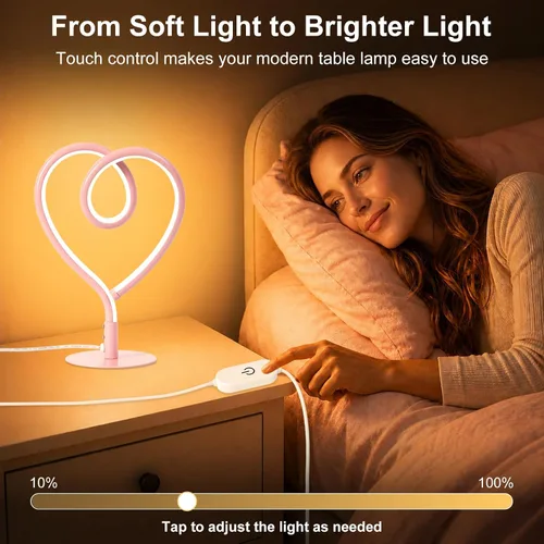 Vista 6 de Lámpara de Mesa Rosa, Lámpara de Escritorio Corazón Ajustable Sin Escalas 3CCT 2700K/4000K/6500K con Adaptador USB, Pequeña Lámpara de Noche