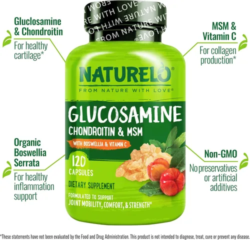 Vista 2 de NATURELO Glucosamina condroitina MSM con boswellia y vitamina C - Suplemento para comodidad, movilidad y fuerza de las articulaciones - 120 cápsulas