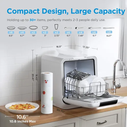 Vista 7 de Midea MDC17P2DWW Lavavajillas portátil para encimera con tanque de agua integrado de 6 L (1.59 G), 5+2 programas, apertura automática de puerta