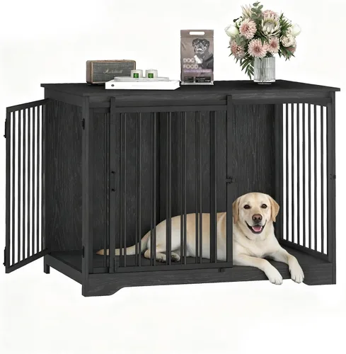 Vista 15 de Hzuaneri Mueble de jaula para perros de 27.2 pulgadas con puerta de granero, perrera resistente para interiores con 2 puertas, mesa auxiliar jaula