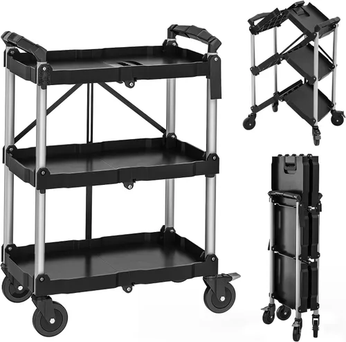 Vista 9 de YITAHOME - Carrito utilitario plegable de 3 niveles con ruedas (2 frenos), 240 libras