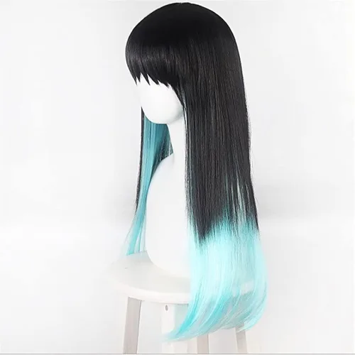Vista 2 de MAGGAZ Anime Cosplay Demon Slayer Wig Women Black Blue Gradient Two Ponytails Wig for Kimetsu No Yaiba Tokitou Muichirou Role Play Wigs with Wig Cap