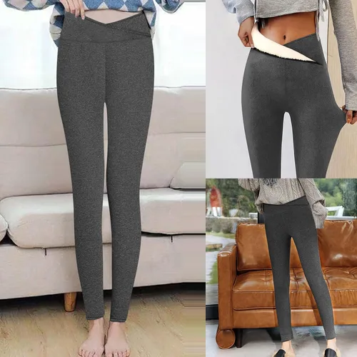 Vista 2 de Ayolanni Pantalones ajustados con forro polar para mujer, cintura cruzada, color sólido, grueso, cálido para clima frío