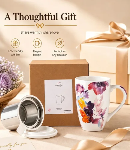 Vista 8 de AmorArc Taza de té de porcelana de 18 onzas con infusor y tapa, taza de té de hojas sueltas con colador de acero inoxidable, taza de café grande