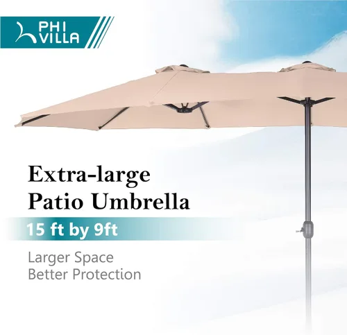 Vista 2 de Sombrilla PHI VILLA para terraza, extra grande, de doble sombrilla, de 450cm (base incluida), sombrilla doble para exterior, Beige