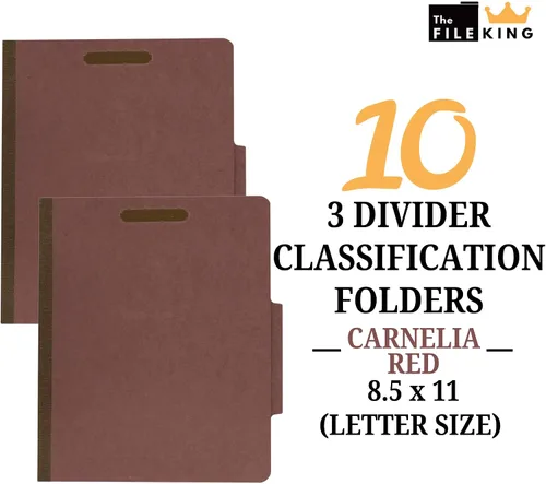 Vista 2 de The File King Carpeta de archivos Carnelia Red con clasificación de tres divisores, tamaño carta, caja de 10, pestaña superior ROC 2/5, expansión