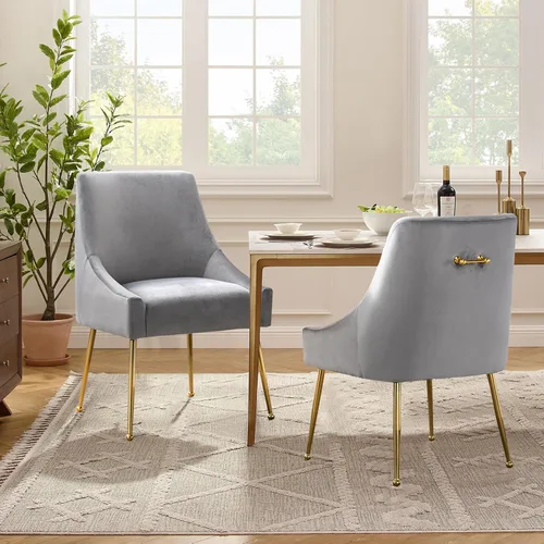 Vista 12 de Juego de 2 sillas de comedor de terciopelo, sillas de comedor tapizadas con patas de metal dorado pulido, sillas auxiliares de cocina de granja, Azul