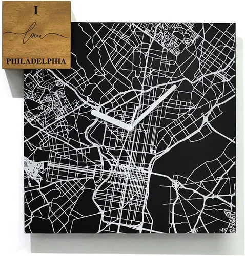 Vista 48 de Modern Wall Clock - Black Aluminum with Silver Fiber Laser Engraving - Square - Contemporary Design - Personalized City Map - Home Town - Location