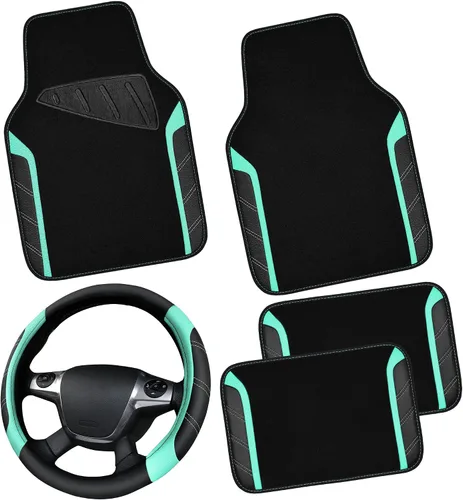 Vista 8 de CAR PASS Funda para volante de cuero y alfombrillas de coche impermeables, combo universal de microfibra para coche, diseño deportivo antideslizante